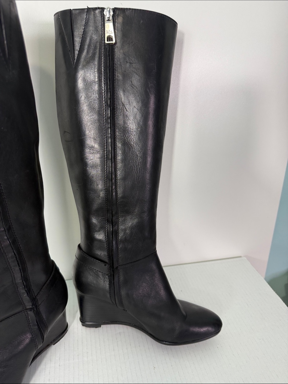 Lauren Ralph Lauren TIA Black Leather Knee-High Wedge Boots Size 7 - Picture 7 of 15